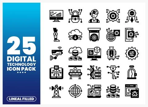 Lineal Filled Digital Technology Icons Collection Stock Illustration