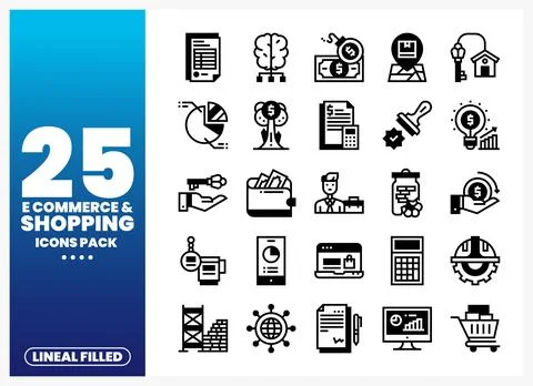Lineal filled e-commerce and shopping icons. a set of symbols on a blue gra.. Ilustración de archivo