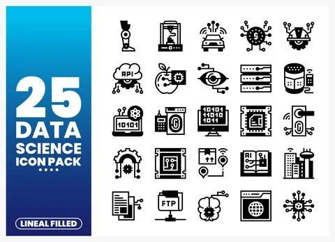 Lineal filled icons for data science and technology pack on blue background Stock Illustration