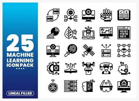 Lineal filled icons for a machine learning icon pack on a blue gradient bac.. Stock Illustration