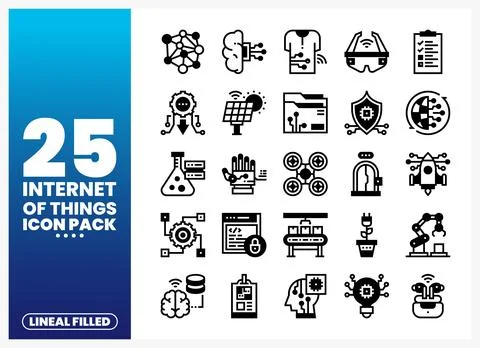 Lineal filled Internet of Things icon pack on a blue and white background. .. Stock Illustration