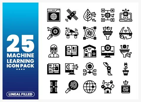Lineal Filled Machine Learning Icons on White Stock-Illustration