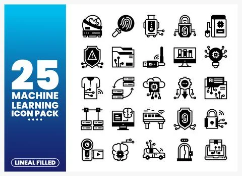 Lineal Filled Machine Learning Icons on Blue Gradient Background Stock Illustration