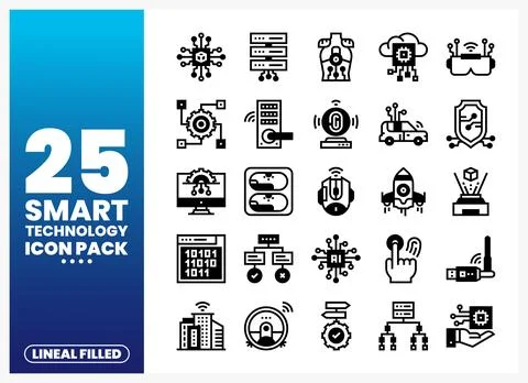 Lineal Filled Smart Technology Icons with AI and VR Elements Stock Illustration