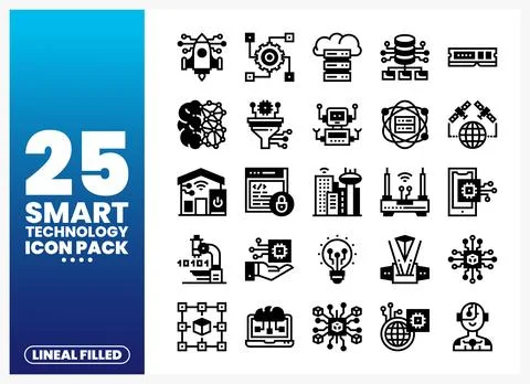 Lineal filled smart technology icons collection on blue background. Stockillustratie