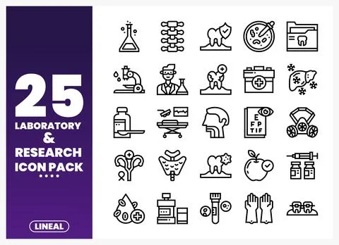 Lineal icon pack showcasing laboratory and research elements. including med.. Stock Illustration