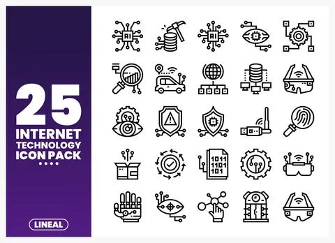 Lineal internet technology icons pack presented on a purple gradient backgrou Stockillustratie