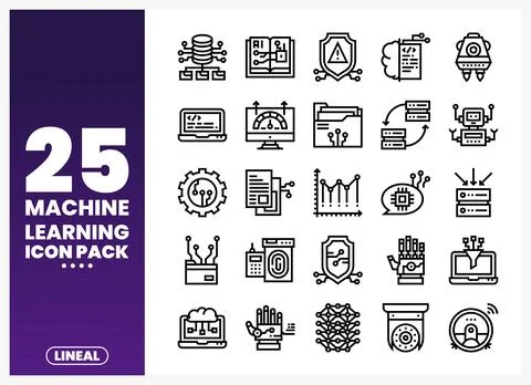 Lineal machine learning icon pack for technology and AI concepts. Stock Illustration