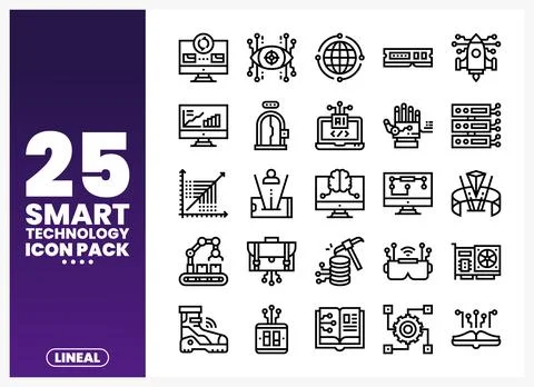 Lineal smart technology icons presented in a clean vector art style on a gr.. Stock Illustration