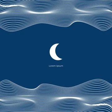 Linear abstract mountains waves on blue background, Moon over wavy linear hills Stock Illustration