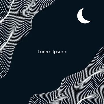 Linear abstract mountains waves on dark background, Moon over wavy linear hills Illustrazione stock