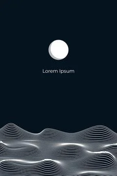 Linear abstract mountains waves on dark background, Moon over wavy linear hills Stock Illustration