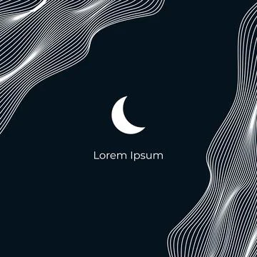 Linear abstract mountains waves on dark background, Moon over wavy linear hills Stock Illustration