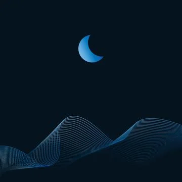 Linear abstract mountains waves on dark background, Moon over wavy linear hills Stock Illustration