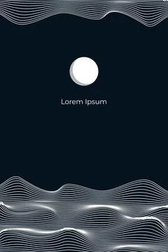 Linear abstract mountains waves on dark background, Moon over wavy linear hills Stock Illustration