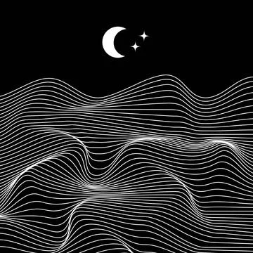 Linear abstract mountains waves on dark background, Moon over wavy linear hills Stock Illustration