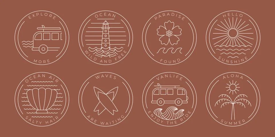 Linear abstract round surf badges with quote . Minimalist summer resort, camp Stock-Illustration