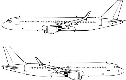 Linear airplane illustration features side view of a plane in black and white Stock Illustration