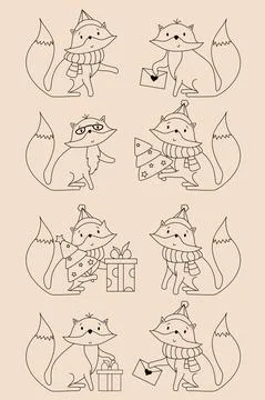 Linear animals set. Cute fox in a scarf and hat, in the image of Santa with a Stock Illustration