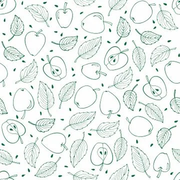 Linear Apples and leaves background. Apple orchard Monochrome Seamless pattern 스톡 일러스트