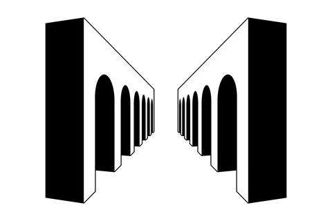 Linear arc gallery path. Black and white surreal arch gate element. Retro 3d Stock Illustration