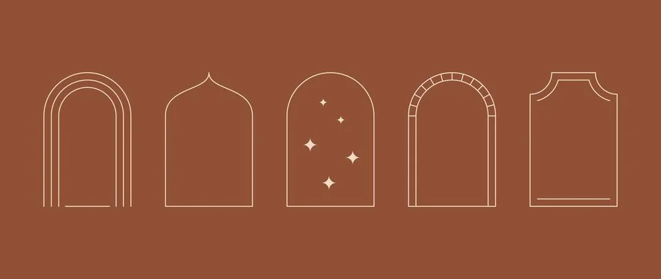 Linear arch frame set in minimal boho style. Bohemian decorative ornamental Stock Illustration