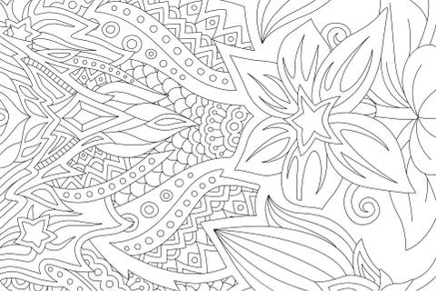Linear art for coloring book with stylized flowers Stock Illustration