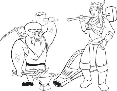 Linear arts with couple of blacksmiths Stock Illustration