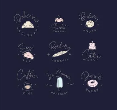 Linear bakery and dessert labels with lettering black Stock Illustration