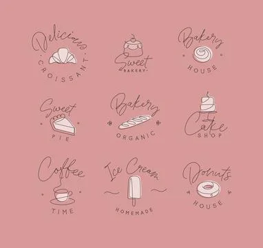 Linear bakery and dessert labels with lettering coral Stock Illustration