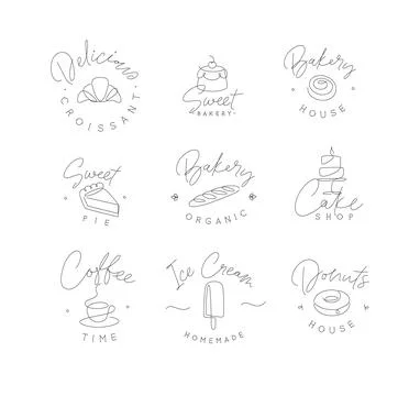Linear bakery and dessert labels with lettering Stock Illustration