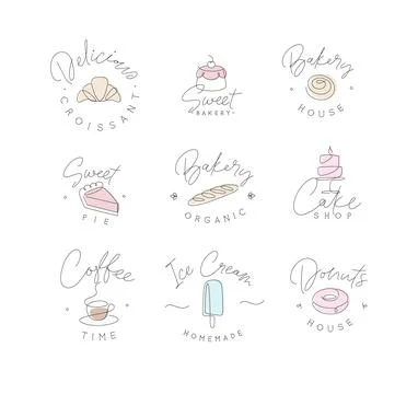 Linear bakery and dessert labels with lettering light 스톡 일러스트