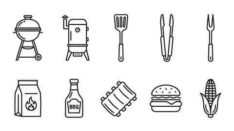 Linear bbq cooking and outdoor grill equipment icons. Stock Illustration