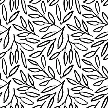 Linear black branches with leaves seamless pattern 스톡 일러스트