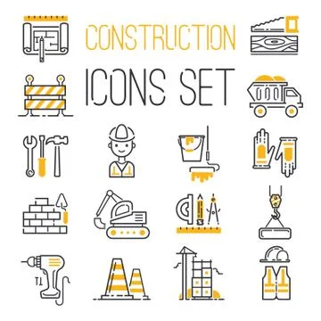 Linear black yellow construction icons set universal web and mobile basic ui Stock Illustration