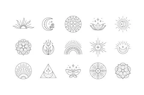 Linear bohemian logo set, boho icons - floral, mandala, sun, abstract design Ilustración de archivo