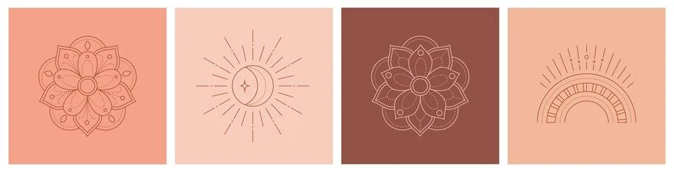 Linear bohemian logo, set of boho icons - mandala, sun and rainbow, abstract Illustrazione stock