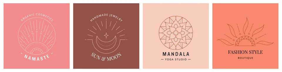 Linear bohemian logo, set of boho icons - mandala, sun and moon, abstract design Stock Illustration