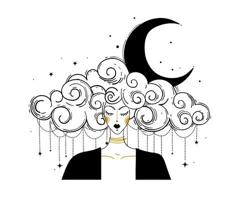 Linear boho drawing, woman with cloud hair and a crescent moon in her hair. A Stock Illustration