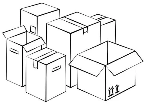 Linear boxes vector object - isolated black outline silhouette of cardboard.. Stock Illustration