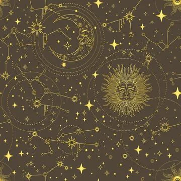 Linear brown celestial seamless pattern vector Stock Illustration