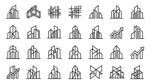 Linear building and tower logo kit for architectural agency. Stock Illustration