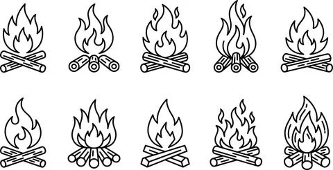 Linear campfire icon set for outdoor camping and wilderness guides. Illustrazione stock