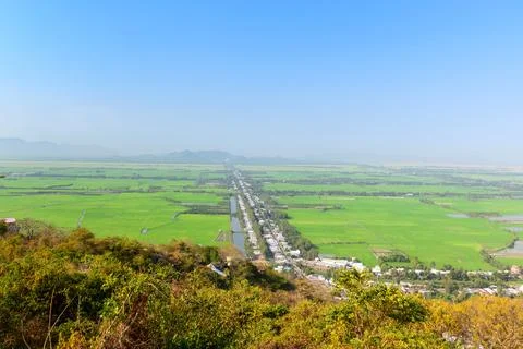 Linear canal and rice fields in Vietnamese countryside Stock Photos