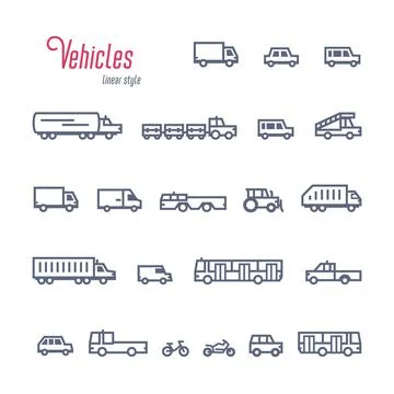 Linear Car icons set, Various types of cars and vehicles. Outline style vector Stock Illustration