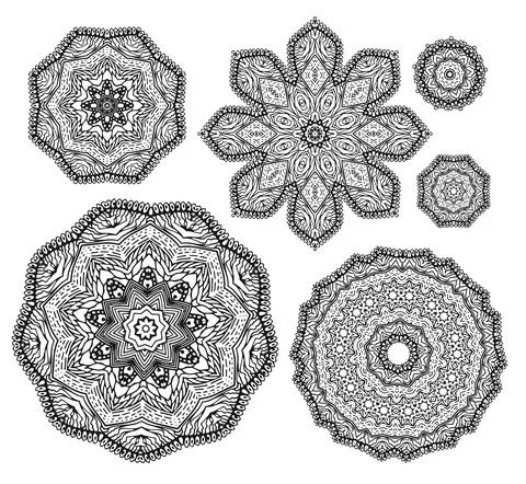 Linear carelessly drawn by hand a vector sketch ornamental mandala set. Abstract Stock Illustration