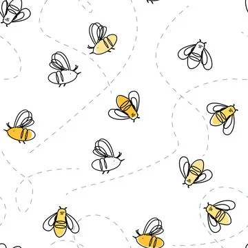 Linear cartoon bees and their tracks seamless pattern. Vector background il.. Stock Illustration
