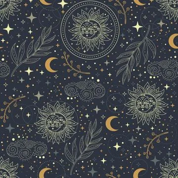 Linear celestial astrological seamless pattern vector Stock Illustration