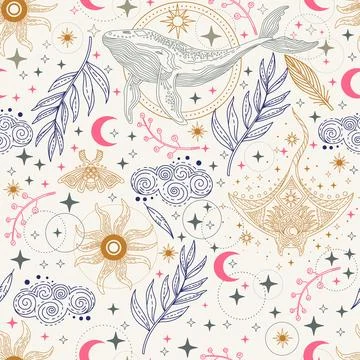 Linear celestial seamless pattern with animals vector Stock Illustration