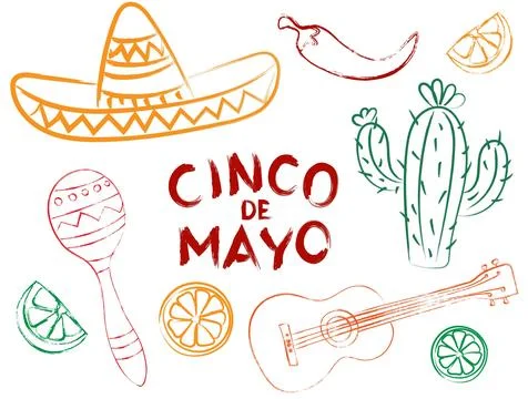 Linear chalky holiday vector objects Cinco de Mayo with sombreros, passion .. Stock Illustration